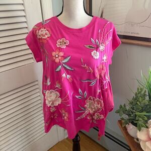 JOHNNY WAS Top Womens XXS Joya Relaxed Drape Tee Pink Embroidered Bohemian